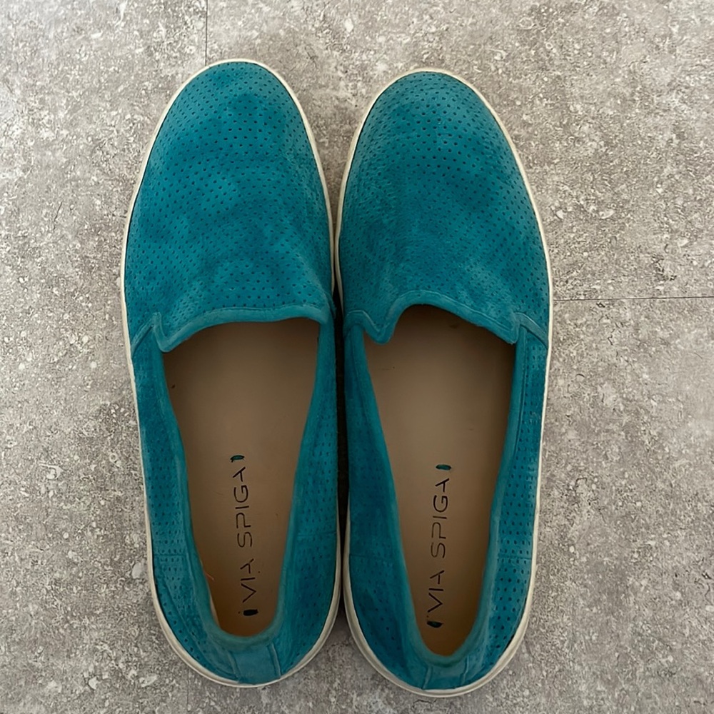 Womens VIA SPIGA Swede leather teal slide tennis size  39.5